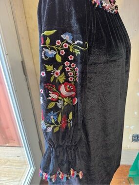 Velzera Black Velvet Long Sleeve Dress with Multicolor Floral Embroidery 2x